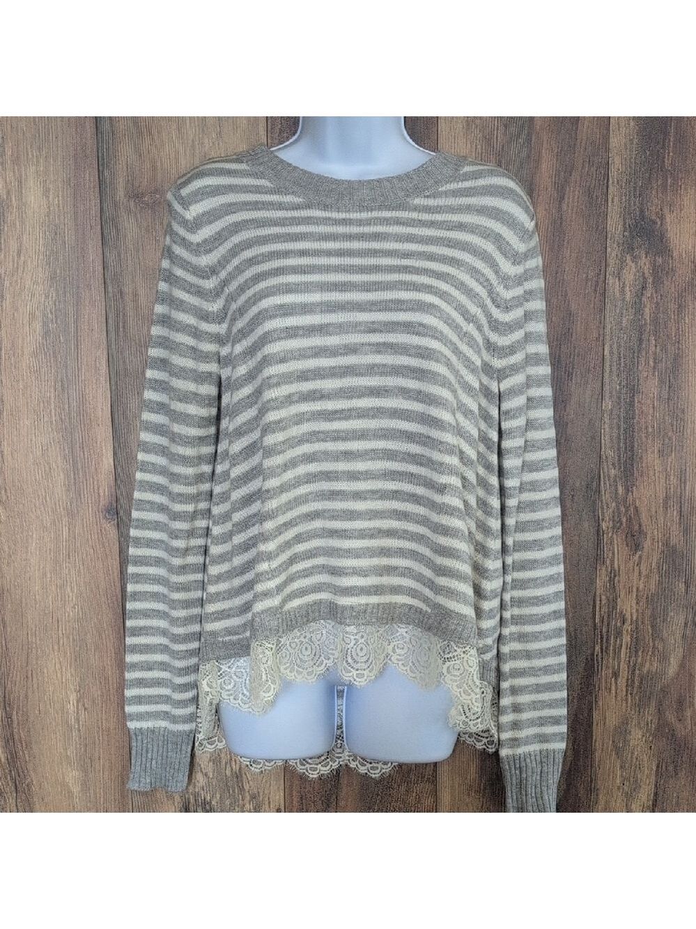 SO Gray and White Striped Sweater with Lace Bottom M            H116